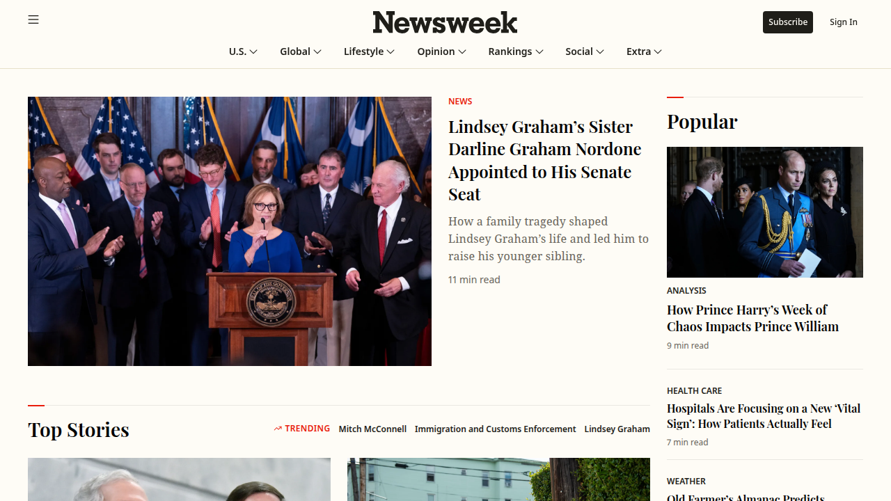 The homepage of Newsweek magazine, showcasing current news and articles.