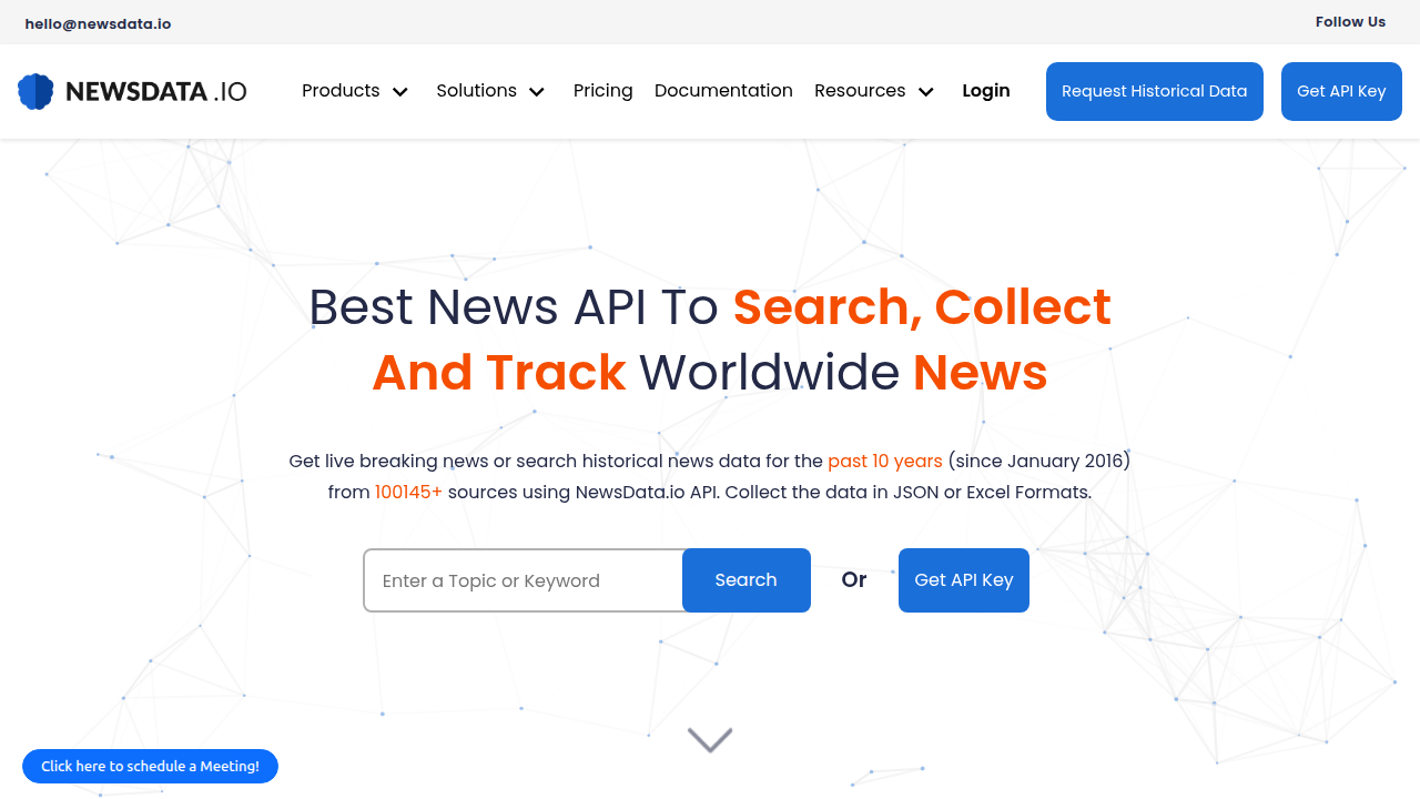 The NewsData.io website, illustrating a platform offering News APIs for data collection and analysis.
