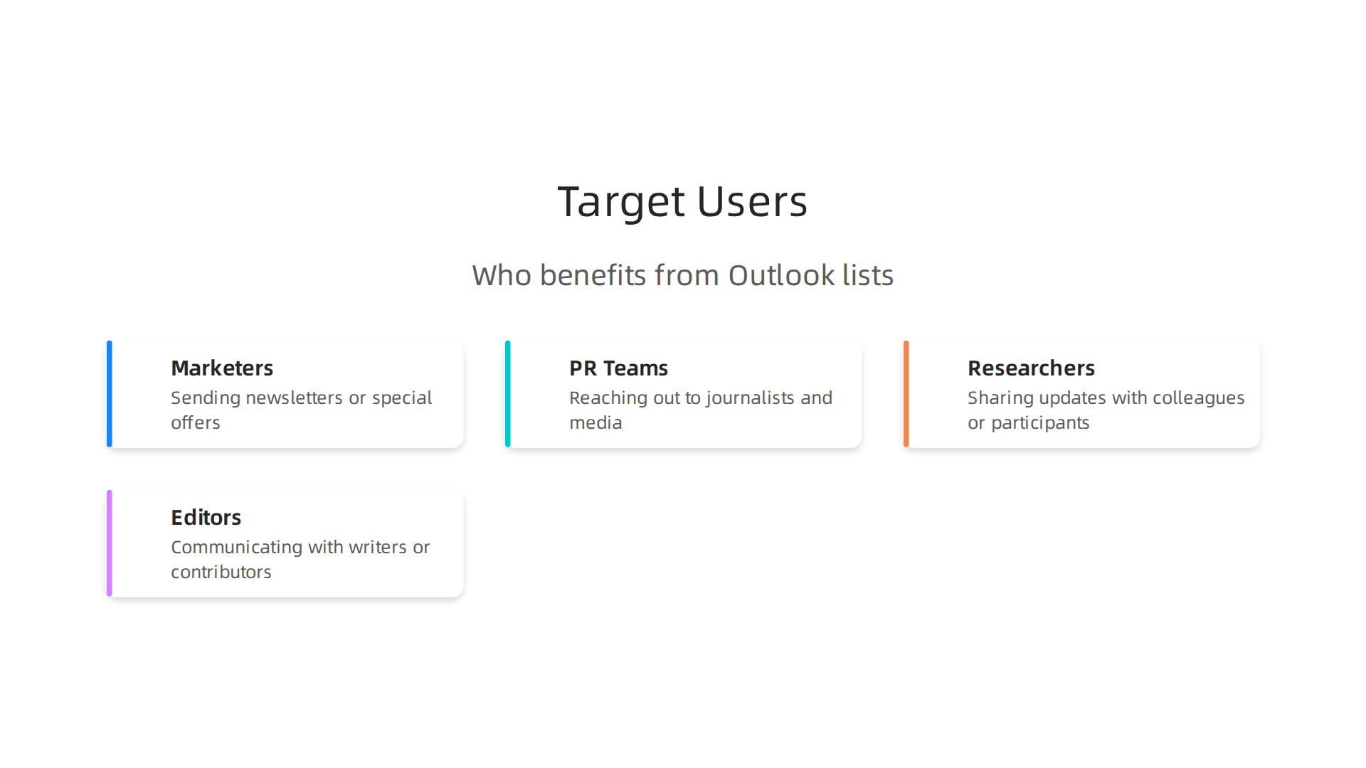 An infographic illustrating the primary professional roles that benefit from using Outlook email lists.