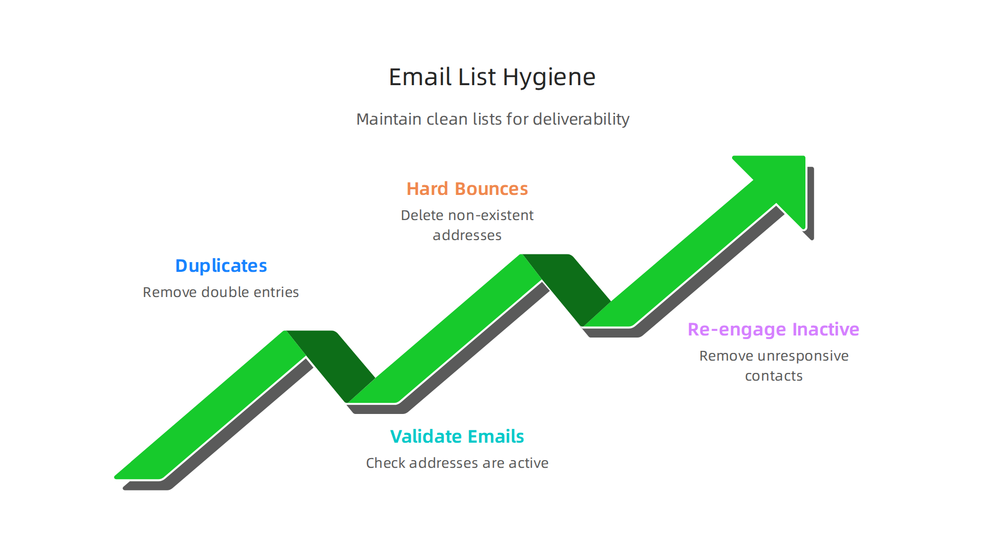 An infographic outlining essential steps for maintaining a clean and healthy email list to improve deliverability.