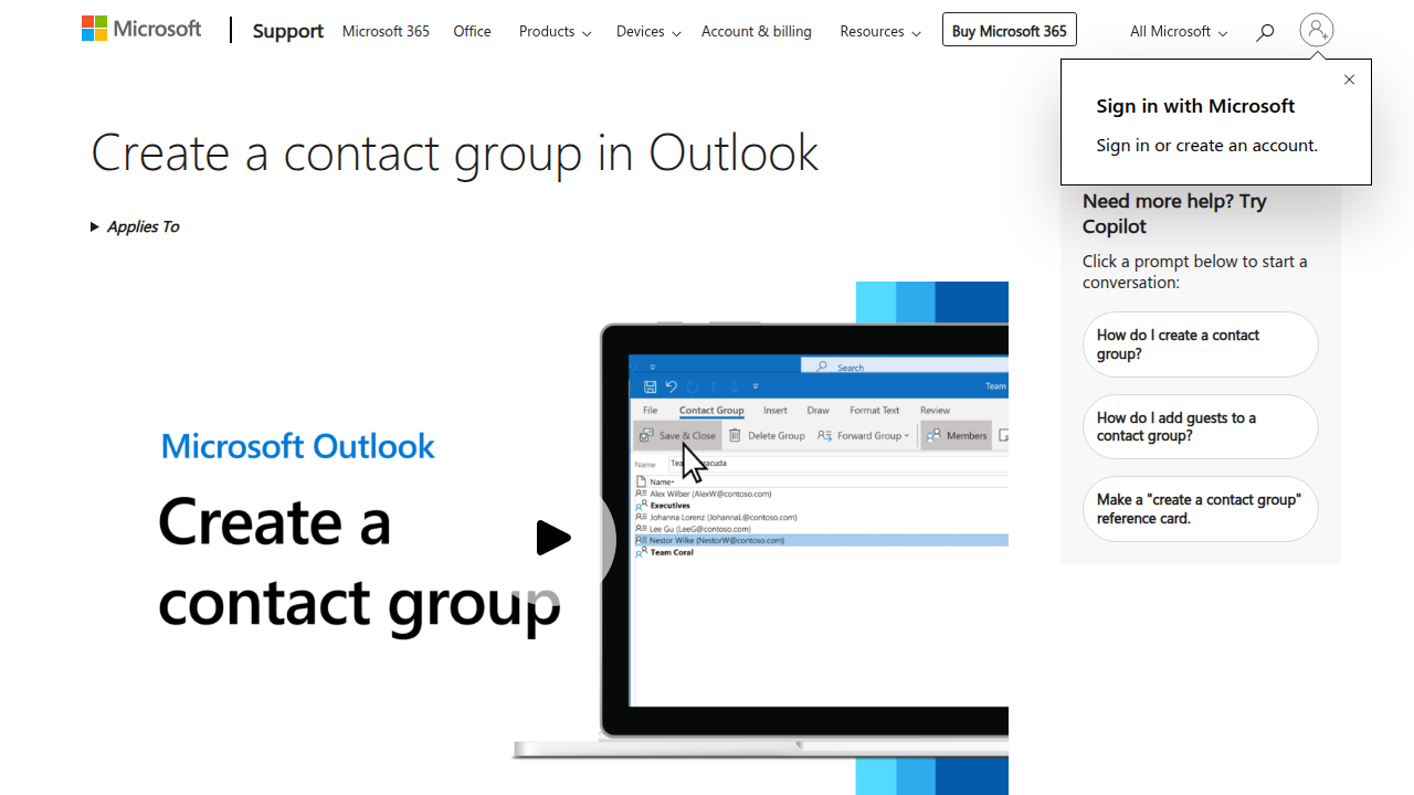 A screenshot of the Microsoft Outlook support page, offering guidance on creating contact groups.