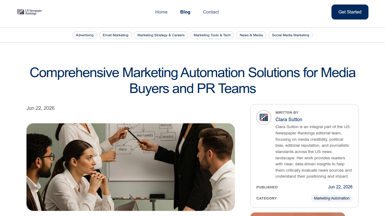 A screenshot of the US Newspaper Rankings website, highlighting comprehensive marketing automation solutions.