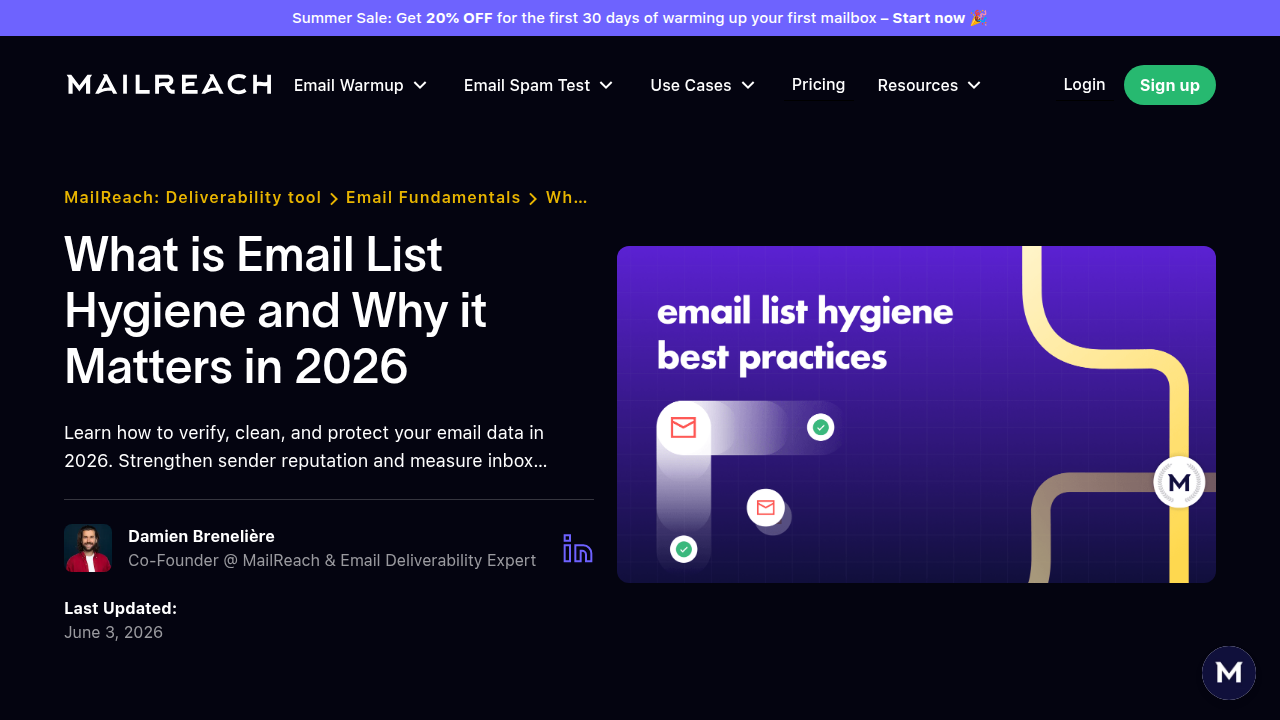 A screenshot of Mailreach's blog on email list hygiene best practices for improved deliverability.